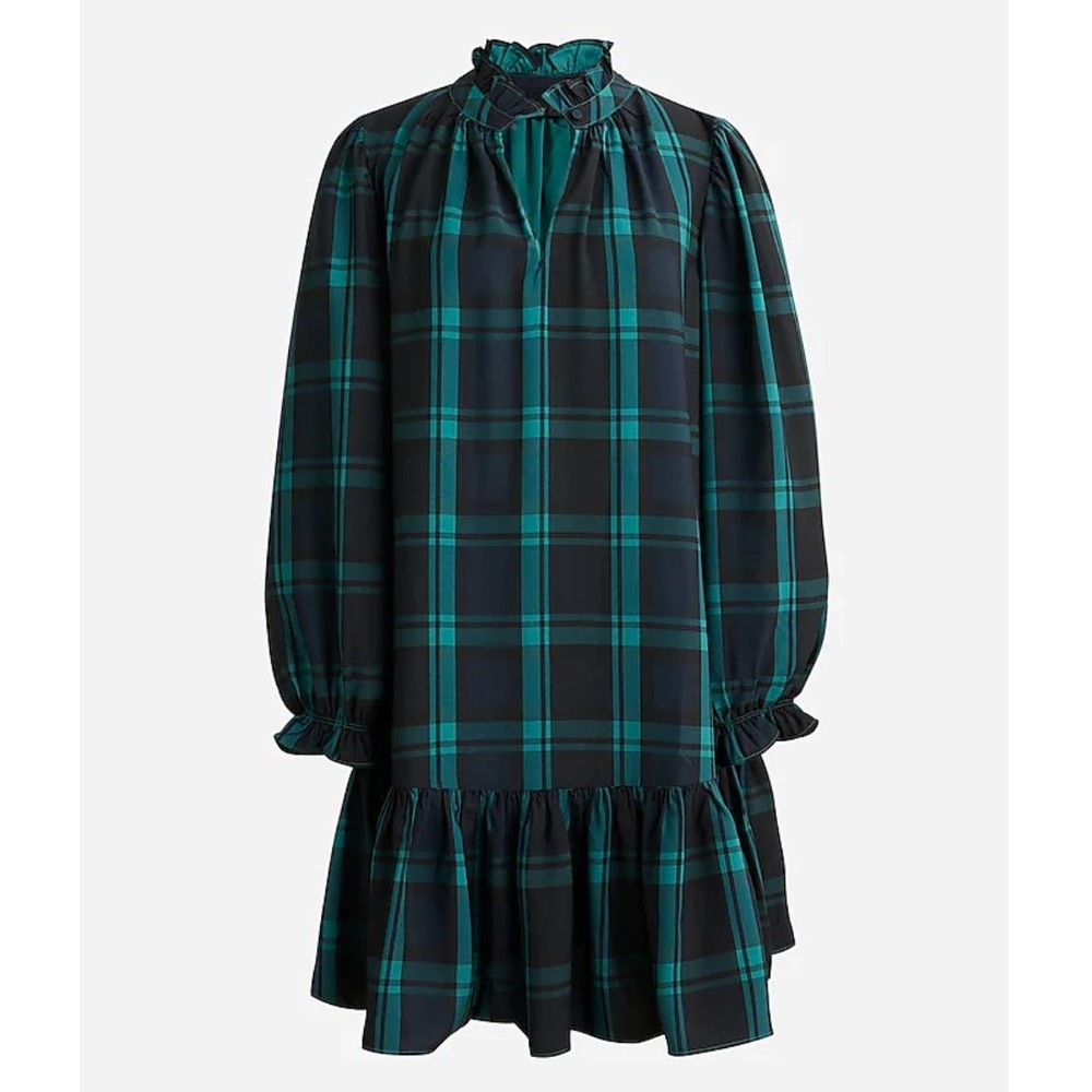 J. Crew Black Watch Tartan Plaid Ruffle Puff Sleeve Dress Plus Size 2X